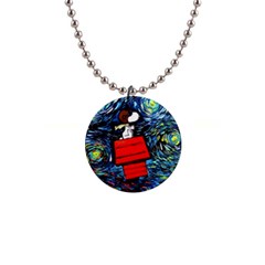 Dog Flying House Cartoon Starry Night Vincent Van Gogh Parody 1  Button Necklace by Modalart