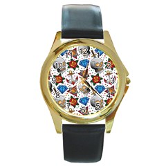 Full Color Flash Tattoo Patterns Round Gold Metal Watch by Bedest