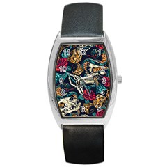 Vintage Art Tattoos Colorful Seamless Pattern Barrel Style Metal Watch by Bedest