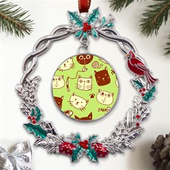 Cute Hand Drawn Cat Seamless Pattern Metal X mas Wreath Holly Leaf Ornament by Bedest