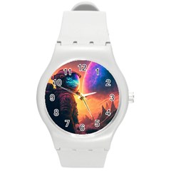 Illustration Trippy Psychedelic Astronaut Landscape Planet Mountains Round Plastic Sport Watch (m) by Sarkoni