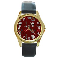 Tattoo Old School Background Pattern Round Gold Metal Watch by Bedest