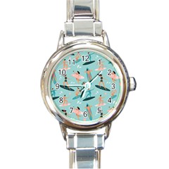 Beach Surfing Surfers With Surfboards Surfer Rides Wave Summer Outdoors Surfboards Seamless Pattern Round Italian Charm Watch by Bedest