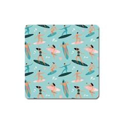 Beach Surfing Surfers With Surfboards Surfer Rides Wave Summer Outdoors Surfboards Seamless Pattern Square Magnet by Bedest
