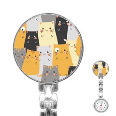 Seamless Pattern Cute Cat Cartoons Stainless Steel Nurses Watch by Bedest