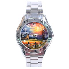 Rural Farm Fence Pathway Sunset Stainless Steel Analogue Watch by Bedest