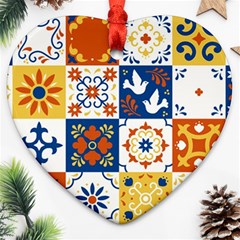 Mexican Talavera Pattern Ceramic Tiles With Flower Leaves Bird Ornaments Traditional Majolica Style Heart Ornament (two Sides) by Ket1n9