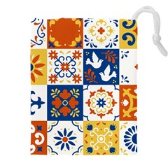 Mexican Talavera Pattern Ceramic Tiles With Flower Leaves Bird Ornaments Traditional Majolica Style Drawstring Pouch (4xl) by Ket1n9