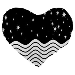 Black And White Waves And Stars Abstract Backdrop Clipart Large 19  Premium Flano Heart Shape Cushions by Hannah976