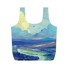 Mountains And Trees Illustration Painting Clouds Sky Landscape Full Print Recycle Bag (m) by Cendanart