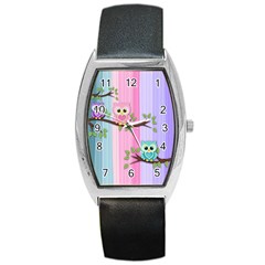 Owls Family Stripe Tree Barrel Style Metal Watch by Bedest
