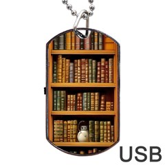 Room Interior Library Books Bookshelves Reading Literature Study Fiction Old Manor Book Nook Reading Dog Tag Usb Flash (two Sides) by Grandong