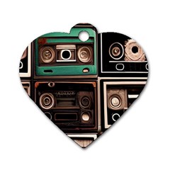 Retro Electronics Old Antiques Texture Wallpaper Vintage Cassette Tapes Retrospective Dog Tag Heart (one Side) by Grandong
