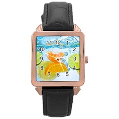 Fruits, Fruit, Lemon, Lime, Mandarin, Water, Orange Rose Gold Leather Watch  by nateshop