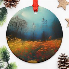 Wildflowers Field Outdoors Clouds Trees Cover Art Storm Mysterious Dream Landscape Ornament (round) by Posterlux