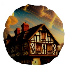 Village House Cottage Medieval Timber Tudor Split Timber Frame Architecture Town Twilight Chimney Large 18  Premium Round Cushions by Posterlux