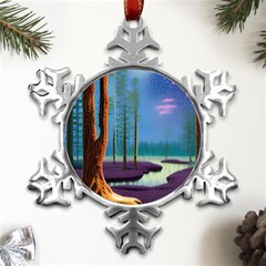 Artwork Outdoors Night Trees Setting Scene Forest Woods Light Moonlight Nature Metal Small Snowflake Ornament by Posterlux