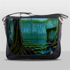 Boat Canoe Swamp Bayou Roots Moss Log Nature Scene Landscape Water Lake Setting Abandoned Rowboat Fi Messenger Bag by Posterlux