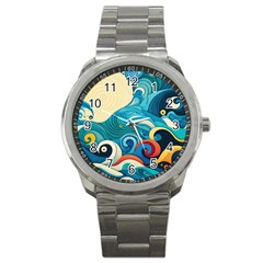 Waves Wave Ocean Sea Abstract Whimsical Sport Metal Watch by Maspions