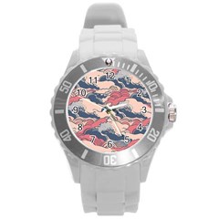 Waves Ocean Sea Water Pattern Rough Seas Digital Art Nature Nautical Round Plastic Sport Watch (l) by Bedest