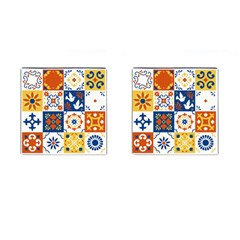 Mexican Talavera Pattern Ceramic Tiles With Flower Leaves Bird Ornaments Traditional Majolica Style Cufflinks (square) by Ket1n9