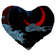 Night In The Ocean Red Waves Art Moon Dark Japanese Wave Large 19  Premium Flano Heart Shape Cushions by Perong