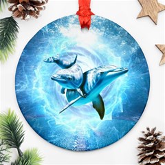 Dolphin Blue Sea Fantasy Round Ornament (two Sides) by Maspions
