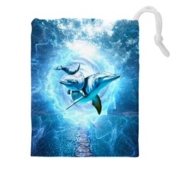 Dolphin Blue Sea Fantasy Drawstring Pouch (4xl) by Maspions