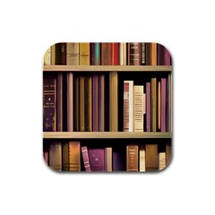 Books Bookshelves Office Fantasy Background Artwork Book Cover Apothecary Book Nook Literature Libra Rubber Square Coaster (4 Pack) by Posterlux