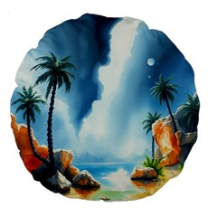 Delicate Watercolor Painting Surreal Oasis Scene With Intense Dramatic Lighting Large 18  Premium Round Cushions by pollyparadiseartshop