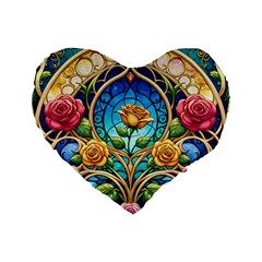 Roses Floral Stained Glass Vibrant Standard 16  Premium Flano Heart Shape Cushions by Grandong