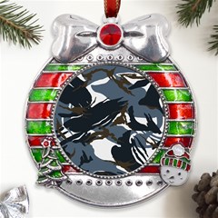 Blue Winter Camouflage, Military Camouflage Metal X mas Ribbon With Red Crystal Round Ornament by kyorashop23