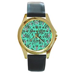 Mid Century Retro Floral 1970s 1960s Pattern 102 Round Gold Metal Watch by violetheavensky