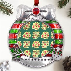 Retro 1880s Flowers Pattern 6 Metal X mas Ribbon With Red Crystal Round Ornament by violetheavensky