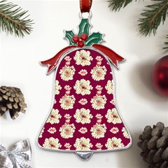 Retro 1880s Flowers Pattern Metal Holly Leaf Bell Ornament by violetheavensky