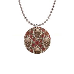 Skull And Roses Flowee Flora Floral Patterns Pattern 1  Button Necklace by Tsamara