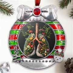 Lungs Health Metal X mas Ribbon With Red Crystal Round Ornament by Sabxi