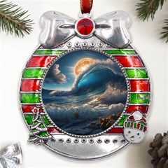 Ocean Sea Waves Metal X mas Ribbon With Red Crystal Round Ornament by Anend