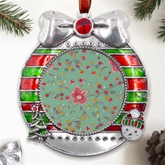 Mid Century Retro Floral 1970s 1960s Pattern 79 Metal X mas Ribbon With Red Crystal Round Ornament by violetheavensky