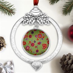 Mid Century Retro Floral 1970s 1960s Pattern 76 Metal Silver X mas Leaves Round Ornament by violetheavensky