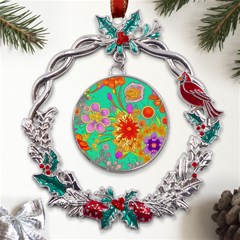 Mid Century Retro Floral 1970s 1960s Pattern 58 Metal X mas Wreath Holly Leaf Ornament by violetheavensky