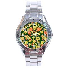 Mid Century Retro Floral 1970s 1960s Pattern 68 Stainless Steel Analogue Watch by violetheavensky
