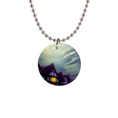 Village Moon Cloudy Historical Tudor Architecture Houses Town Night Windows City 1  Button Necklace by Posterlux