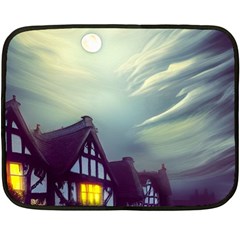 Village Moon Cloudy Historical Tudor Architecture Houses Town Night Windows City 35 x27  Two Sides Fleece Blanket (mini) by Posterlux