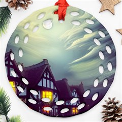 Village Moon Cloudy Historical Tudor Architecture Houses Town Night Windows City Round Filigree Ornament (two Sides) by Posterlux