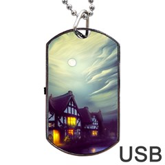 Village Moon Cloudy Historical Tudor Architecture Houses Town Night Windows City Dog Tag Usb Flash (one Side) by Posterlux