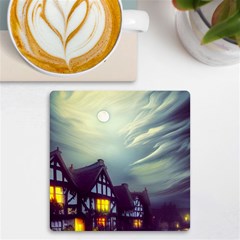 Village Moon Cloudy Historical Tudor Architecture Houses Town Night Windows City Uv Print Square Tile Coaster  by Posterlux