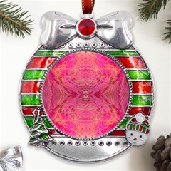 Pink Pour  Metal X mas Ribbon With Red Crystal Round Ornament by kaleidomarblingart